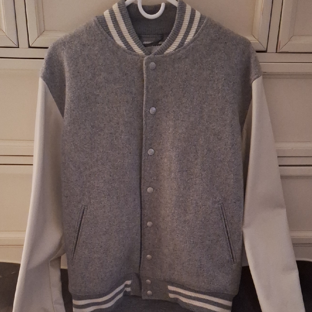 NWOT American Apparel Gray and Cream Varsity Jacket Bomber Wool Unisex